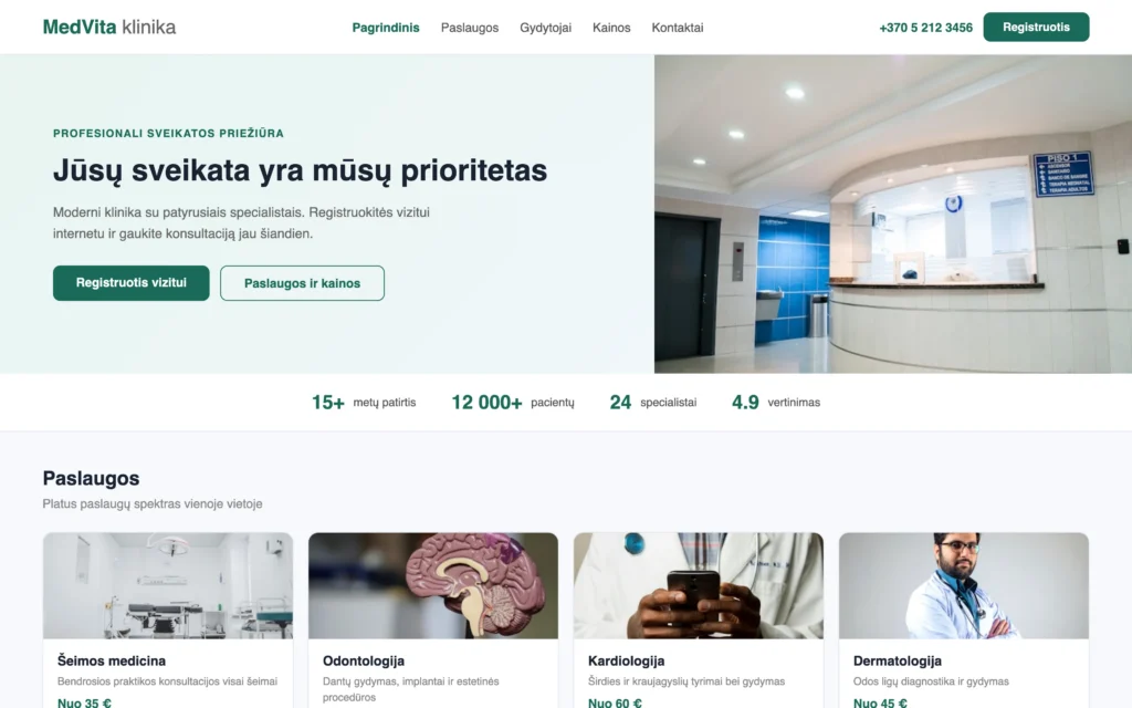 Medicinos klinikos svetainės dizainas su gydytojų sąrašu ir registracijos sistema