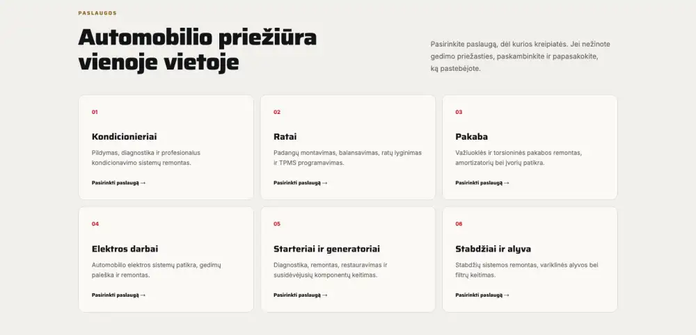 Autorema svetainės paslaugų blokas su šešiomis sritimis