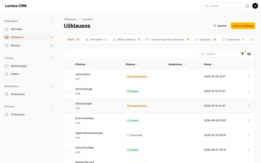 Lumina CRM užklausų sąrašas su būsenomis